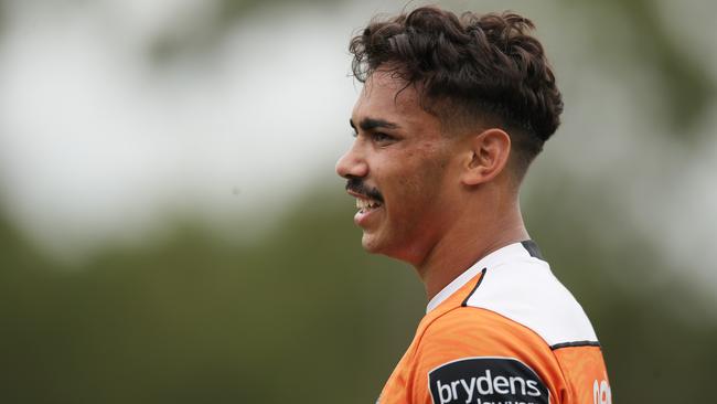 SYDNEY, AUSTRALIA - MARCH 03: Daine Laurie looks on during a Wests Tigers NRL training session at St Luke's Park North on March 03, 2021 in Sydney, Australia. (Photo by Matt King/Getty Images)