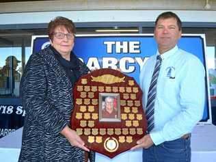 PROUD MOMENT: Desley Oates with Cities president Stephen Duff at the naming for the new field, The Darcy and Desley Oates Oval. Picture: Molly Hancock