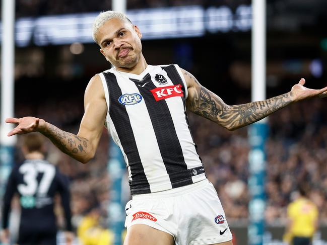 MELBOURNE, AUSTRALIA - MAY 03: Bobby Hill of the Magpies celebrates a goal during the 2024 AFL Round 08 match between the Carlton Blues and the Collingwood Magpies at The Melbourne Cricket Ground on May 03, 2024 in Melbourne, Australia. (Photo by Michael Willson/AFL Photos via Getty Images)