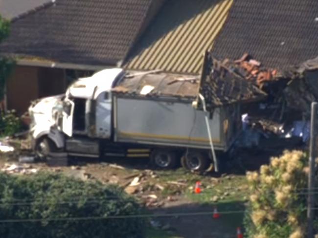 The truck veered off the Princes highway Tower Hill and ploughed into a home. Picture: 7NEWS