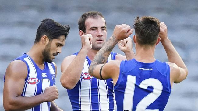 North Melbourne’s Ben Cunnington celebrates a goal in Round 1 against St Kilda.