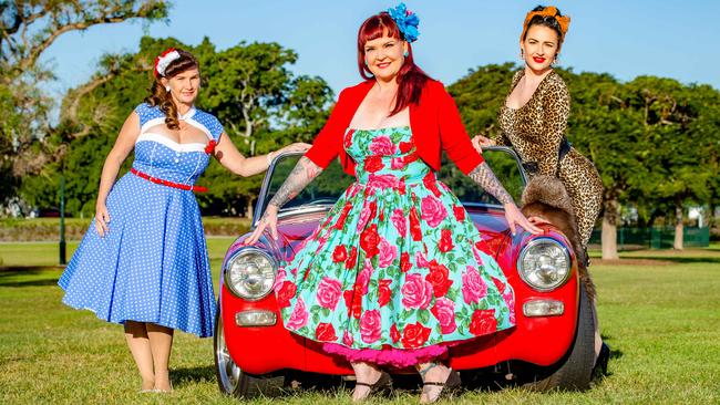 North Brisbane pin-ups Miss Behave, Rachaelle La Belle and Rose D’Luxe are ready for the GreazeFest Kustom Kulture Festival. Picture: AAP/Richard Walker