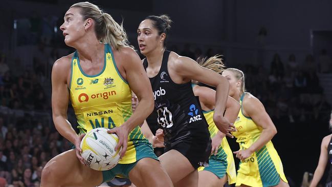 Liz Watson of the Australian Diamonds moves the ball during the Constellation Cup