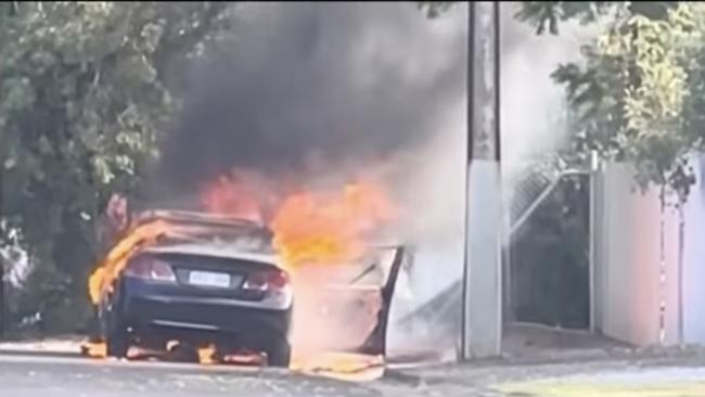 Two men have been arrested and charged with torching the getaway car used in the shooting. Picture: 7NEWS