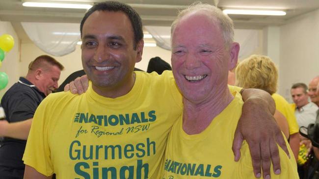 Retiring Member for Coffs Harbour Andrew Fraser hands over the baton to Nationals candidate Gurmesh Singh after 28 years in office. The new government will be sworn-in in May. Picture: Matt Deans