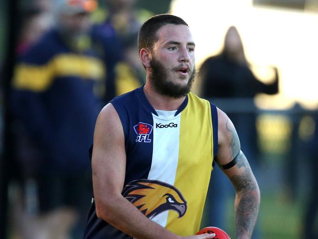 Southern FNL: Doveton Eagles v South Mornington Can't find names and numbers for these clubs on the Internet. Only club lists with no numbers.Number 12 with the ball for Doveton Eagles.Picture: Stuart Milligan