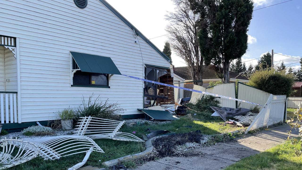 Police are hunting for the driver of an allegedly stolen car which they say ploughed through a Corio home.