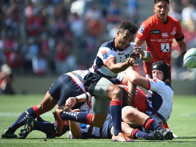 Rebels' Will Genia passes the ball from a ruck during the Super Rugby match between Japan's Sunwolves and Australia's Melbourne Rebels at Chichibunomiya Stadium in Tokyo. Picture: Charly Triballeau/AFP