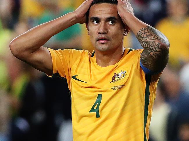 Socceroos Tim Cahill reacts after a missed opportunity during the Socceroos v Syria World Cup Qualifier at ANZ Stadium, Sydney. Picture: Brett Costello