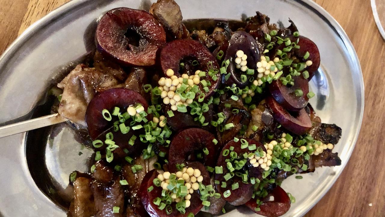 Ox tongue skewer, cherry, pickled mustard, at Longplay Bistro, Adelaide.