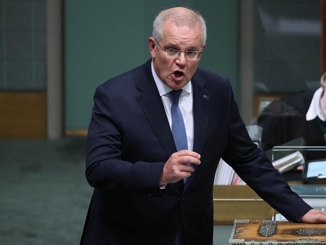 CANBERRA, AUSTRALIA - NewsWire Photos  NOVEMBER 22, 2021: Prime Minister Scott Morrison and Opposition Leader Anthony Albanese in a heated argument during Question Time in the House of Representatives in Parliament House Canberra.Picture: NCA NewsWire / Gary Ramage