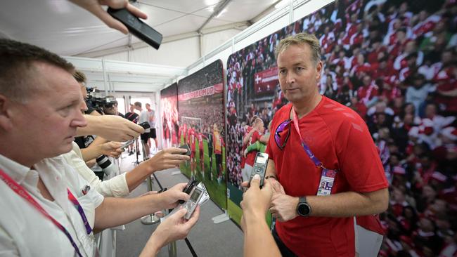 Denmark coach Kasper Hjulmand talks to the media in Doha. Picture: AFP