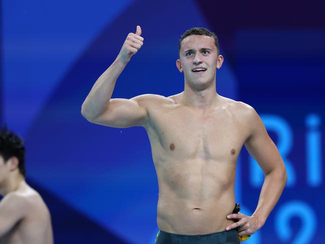 The Australian Mens 4x200 Mens Freestyle team of Max Giuliani, Flynn Southam (pictured), Elijah Winnington and Tommy Neill win Bronze during the Final at the Paris La Defense Arena Picture: Adam Head