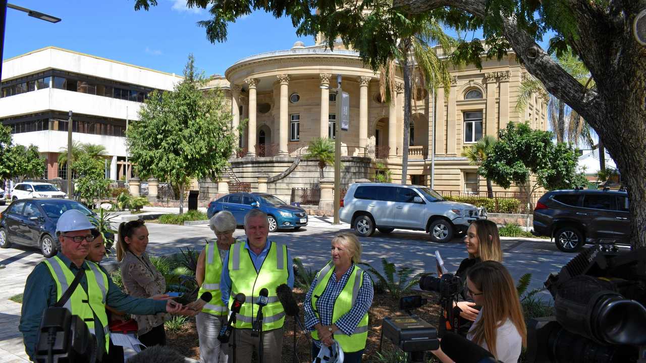 DEMOLITION COMMENCES: Capricornia MP Michelle Landry, Rockhampton region mayor Margaret Strelow and Deputy Prime Minister Michael McCormack are ready for the new Quay St art gallery. Picture: Leighton Smith