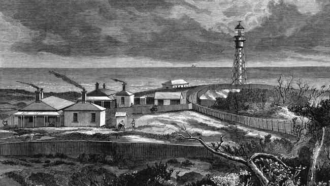 The old lighthouse on King Island. It was claimed pirates fooled ships by lighting bonfires to confuse their course. Picture: State Library of Victoria