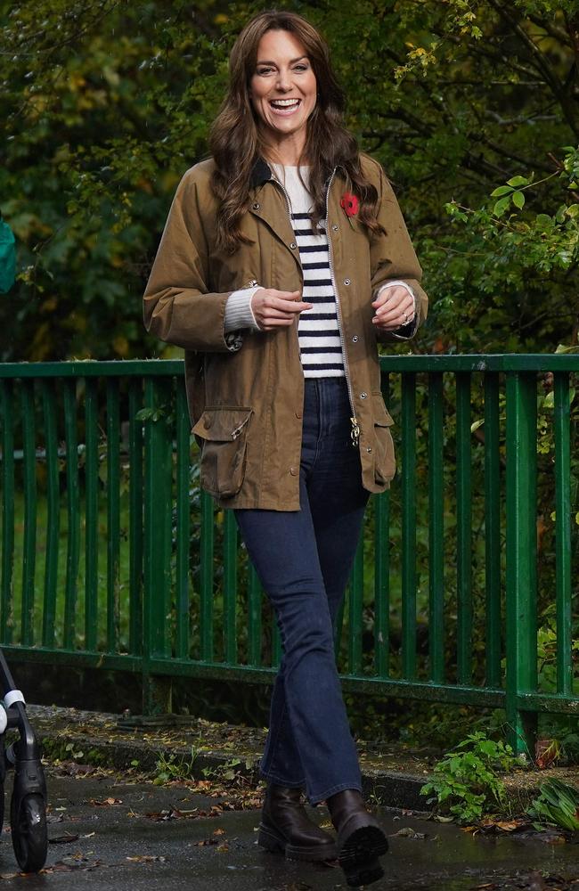 November 1: Taking part in a ‘Dad Walk’ with local dads and their children, Middleton looked relaxed in a brown utility jacket, black and white striped sweater and jeans. Picture: Yui Mok / POOL / AFP