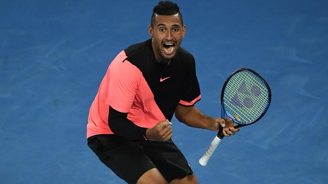 Nick Kyrgios celebrates his win over Jo-Wilfried Tsonga. Picture: AP Photo