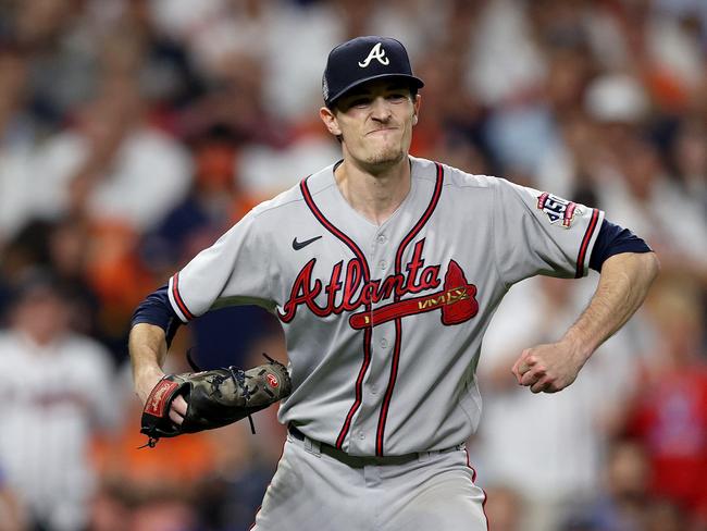 HOUSTON, TEXAS - NOVEMBER 02: Max Fried #54 of the Atlanta Braves celebrates after retiring the side against the Houston Astros during the sixth inningin Game Six of the World Series at Minute Maid Park on November 02, 2021 in Houston, Texas.   Elsa/Getty Images/AFP == FOR NEWSPAPERS, INTERNET, TELCOS & TELEVISION USE ONLY ==