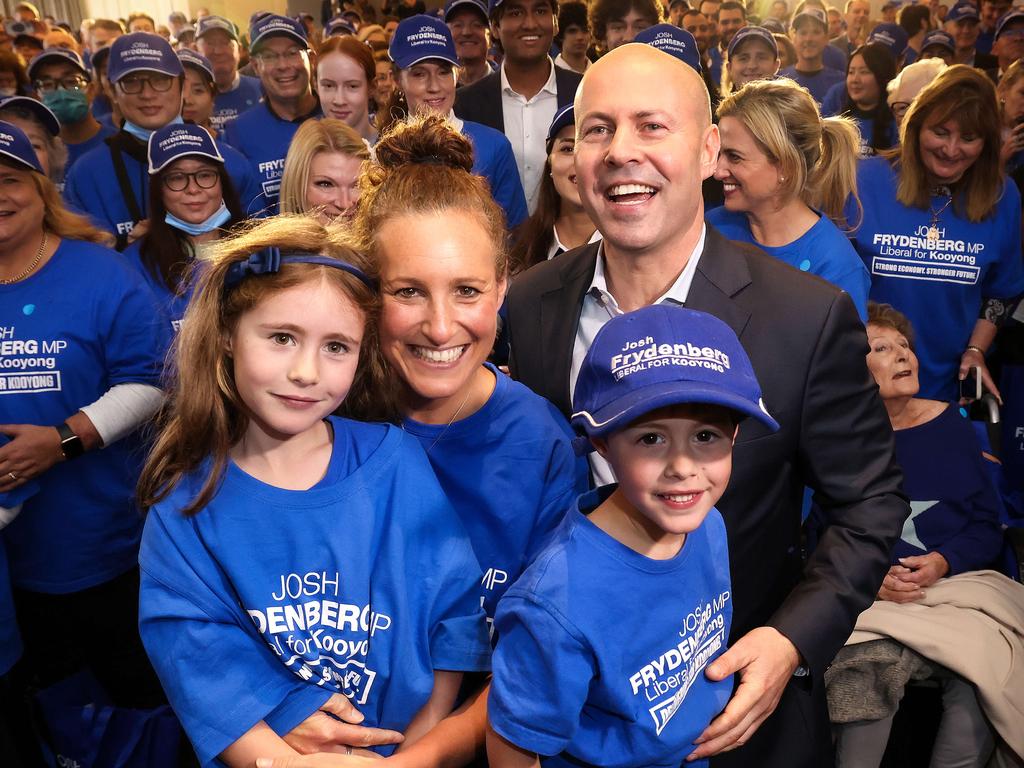 Australian Federal Treasurer and Member for Kooyong, Josh Frydenberg launches his campaign in Hawthorn with his wife Amie and children Gemma and Blake. Picture: Ian Currie