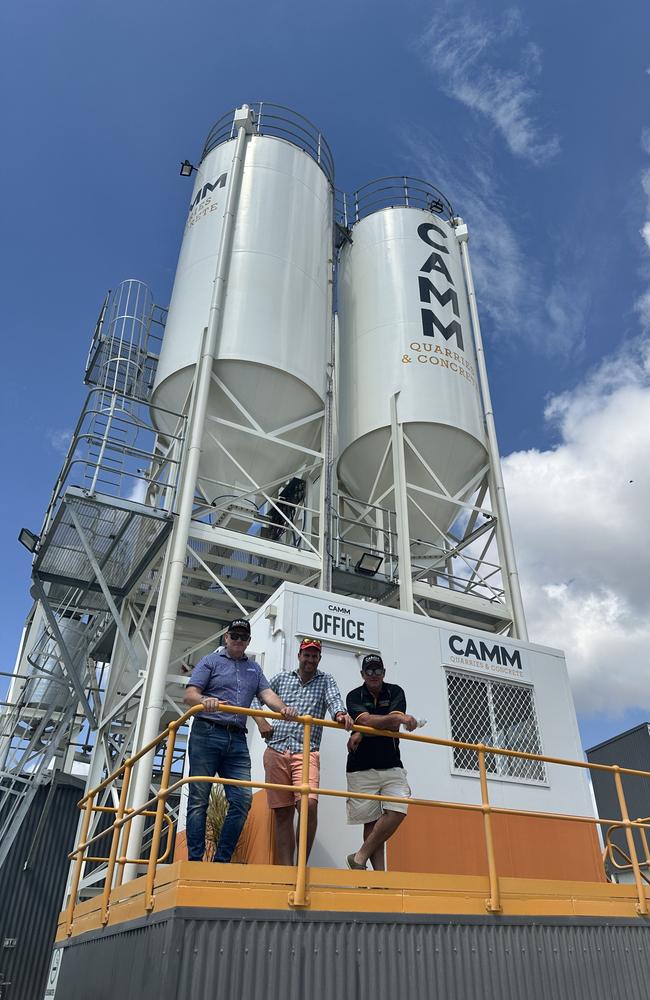 Regional sales manager Erwin Koch, Milford Planning's George Milford and Doyle Group Holdings' Jeff Doyle at CAMM Quarries &amp; Concrete's new fixed concrete plant launch. Picture: Supplied.