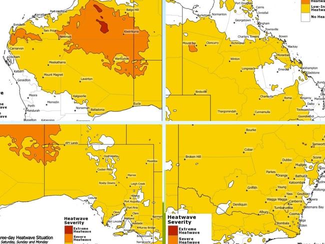 The three day heatwave forecast around the country from Saturday onward. Pictures: Bureau of Meteorology