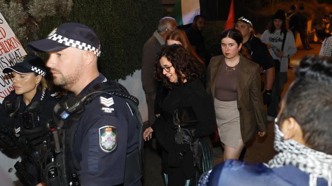 Pro-Palestine protesters pictured outside the Greek Club in Brisbane where Prime Minister Anthony Albanese spoke at an ALP fundraising dinner. Picture: Josh Woning