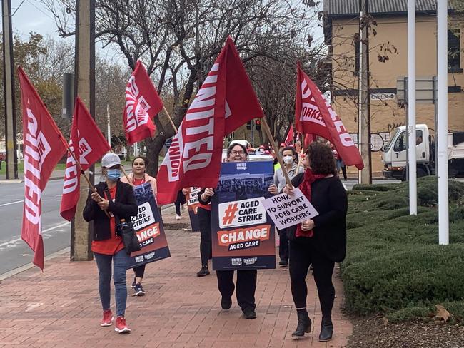 Striking aged care workers march in Adelaide. Picture: Kitty Barr