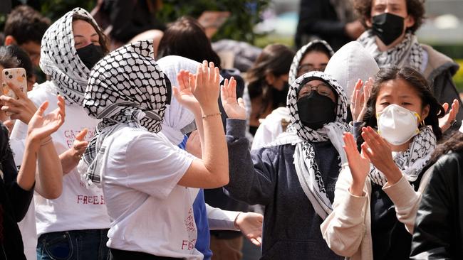 Pro-Palestinian students protest outside Hamilton Hall. Picture: AFP