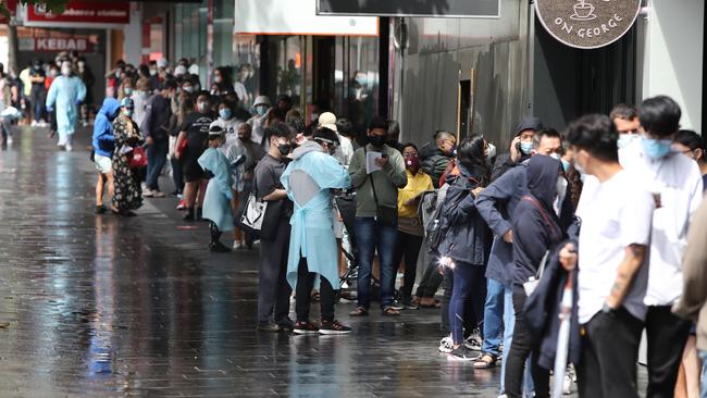 The Covid testing line at 4Cyte Pathology at Ultimo on December 29, 2021. Picture: Richard Dobson