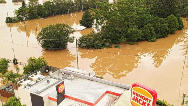 Hungry Jack's, Gympie, during the February 2022 floods. Photo: Infinity Flights Photography