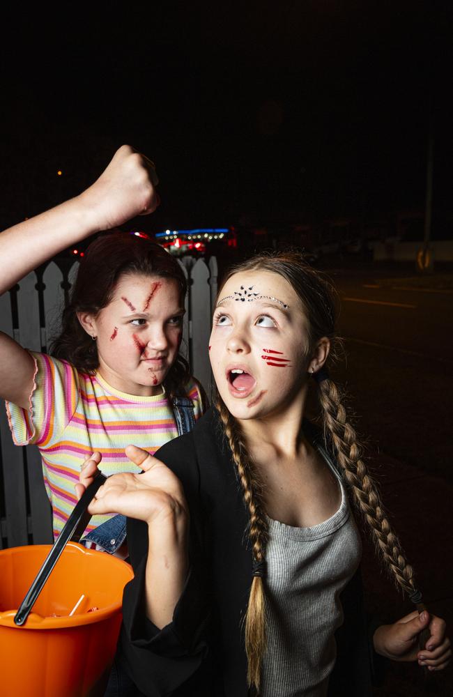 Tahlia Curtis (left) and Myah Murphy on Halloween, Thursday, October 31, 2024. Picture: Kevin Farmer