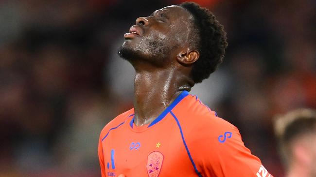 BRISBANE, AUSTRALIA - JANUARY 03: Hosine Bility of the Roar reacts after receiving a red card during the round 12 A-League Men match between Brisbane Roar and Central Coast Mariners at Suncorp Stadium, on January 03, 2025, in Brisbane, Australia. (Photo by Matt Roberts/Getty Images)