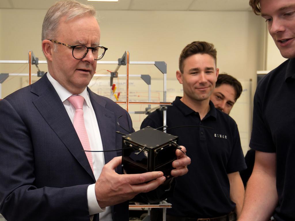 Prime Minister Anthony Albanese announced a critical minerals funding package after visiting the Binar space program at Curtin University. Picture: NCA NewsWire / Sharon Smith