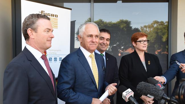 Prime Minister Malcolm Turnbull, Minister for Industry Christopher Pyne, State Opposition Leader Steven Marshall and Minister for Defence Marise Payne at the SA Defence hub announcement. Picture: Naomi Jellicoe