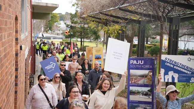 The Services Union members and Toowoomba Regional Council employees take part in strike action outside City Hall, July 25 2024.