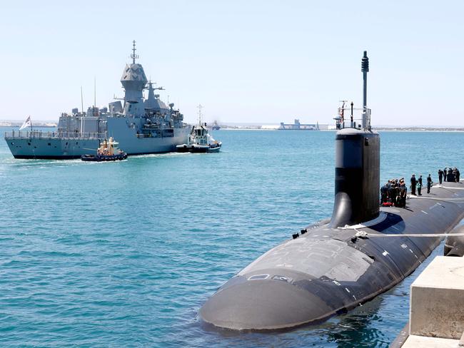 Images released as part of the AUKUS press release. United States Navy Virginia Class submarine USS Mississippi arrives at Fleet Base West, Rockingham, Western Australia for a routine port visit.