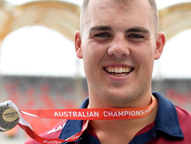 GOLD COAST, AUSTRALIA - FEBRUARY 16: Matthew Denny celebrates after winning the Men's hammer throw event during the Australian Athletics Championships & Nomination Trials at Carrara Stadium on February 16, 2018 in Gold Coast, Australia.  (Photo by Bradley Kanaris/Getty Images)