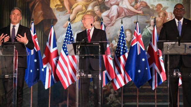 Richard Marles, left, with British Defence Secretary John Healey, centre, and US Secretary of Defence Lloyd Austin at the Old Royal Naval College in London. Picture: Jacquelin Magnay