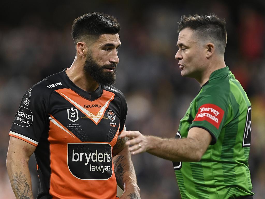 James Tamou speaks to the referee. Picture: Ian Hitchcock/Getty