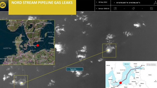 A handout picture released by ImageSat International shows an image from an intelligence report depicting the release of gas emanating from leaks on the Nord Stream 1 gas pipeline. Picture: AFP.