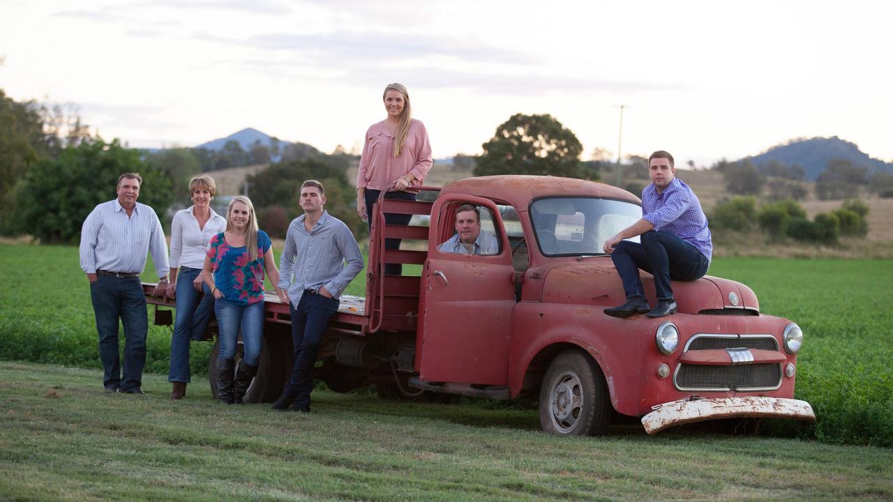 Proud to have changed a fourth-generation farming business into a thriving modern business are 9Dorf Farms' (from left) Dave, Bronwyn, Ellen, Chris, Melanie, Brenton, David Neuendorf. Picture: Loren Hayne