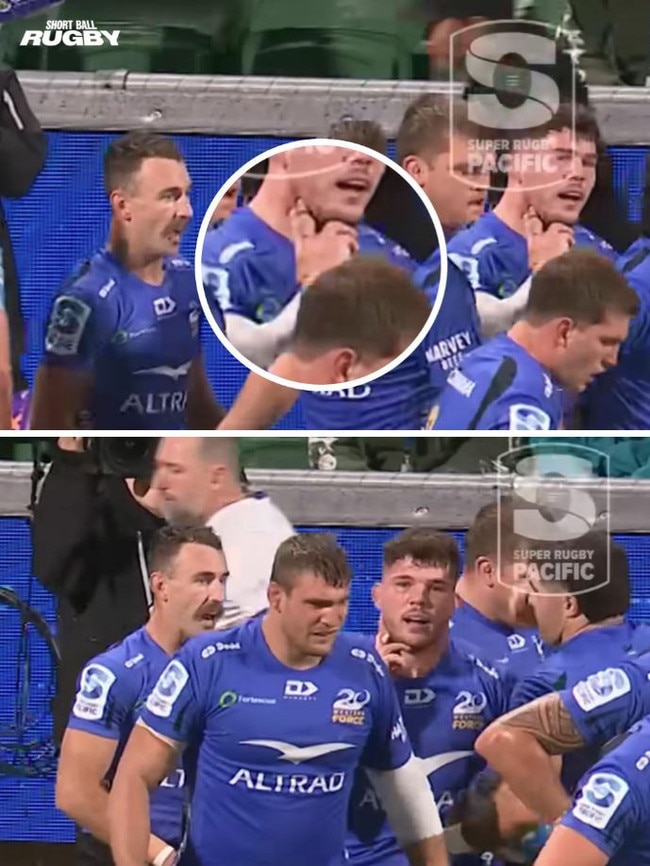 Western Force flanker Carlo Tizzano mocks England rival Henry Pollock's fingers to the neck try-scoring celebration. Picture: Supplied