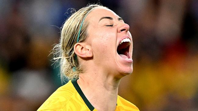 BRISBANE, AUSTRALIA - AUGUST 12: Alanna Kennedy of Australia celebrates her team's victory after the penalty shoot out during the FIFA Women's World Cup Australia & New Zealand 2023 Quarter Final match between Australia and France at Brisbane Stadium on August 12, 2023 in Brisbane, Australia. (Photo by Bradley Kanaris/Getty Images)