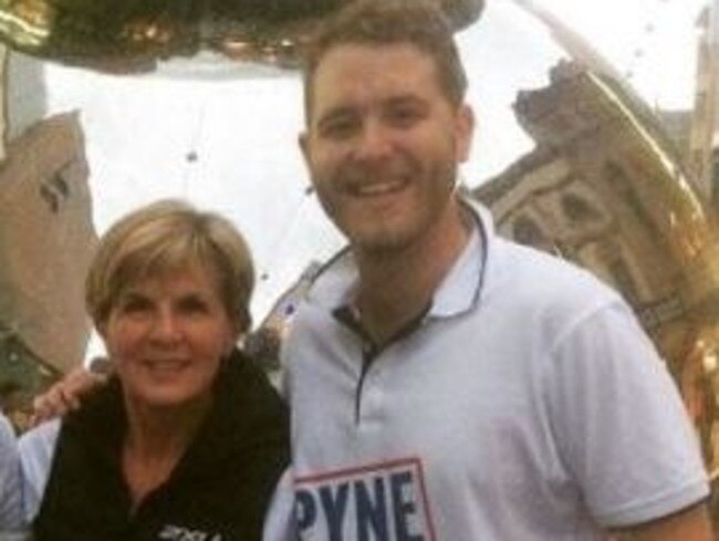 Christopher Pyne’s defence innovation adviser, Jack Walker, with Foreign Minister Julie Bishop. Picture: Instagram