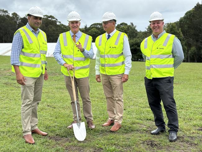 Sod turning at Coffs NSW TAFE campus in March 2024 (L-R) Mr Gurmesh Singh, Member for Coffs Harbour, The Hon Steve Whan, Minister for Skills, TAFE and Tertiary Education, Mr Paul Amos, Coffs Harbour Mayor and Mr Jason Darney, TAFE NSW Executive Director, Education and Skills
