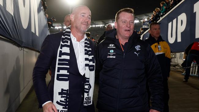 MELBOURNE, AUSTRALIA – SEPTEMBER 08: Blues President Luke Sayers and Michael Voss, Senior Coach of the Blues celebrate during the 2023 AFL First Elimination Final match between the Carlton Blues and the Sydney Swans at Melbourne Cricket Ground on September 08, 2023 in Melbourne, Australia. (Photo by Michael Willson/AFL Photos via Getty Images)