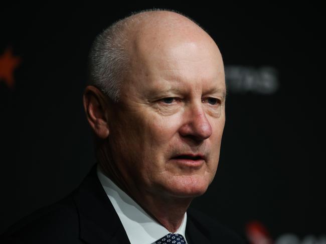 SYDNEY, AUSTRALIA - Newswire Photos -MAY 02 2023: Qantas Group Chairman Richard Goyder, CEO designate and Chief Financial Officer Vanessa Hudson, CEO Alan Joyce address the media on the CEO succession plan announced today during a press conference at Qantas HQ in Sydney. Picture: NCA Newswire / Gaye Gerard