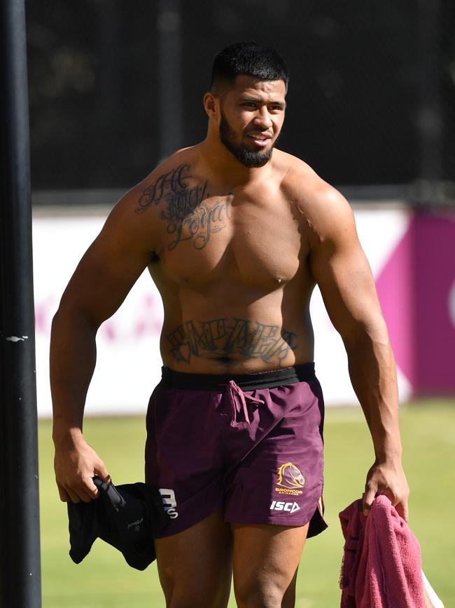 Payne Haas is seen during Brisbane Broncos training at Clive Berghofer Field in Brisbane, Thursday, June 25, 2020. The Broncos will play the Gold Coast Titans in their round 7 NRL match at Suncorp Stadium on Saturday. (AAP Image/Darren England)