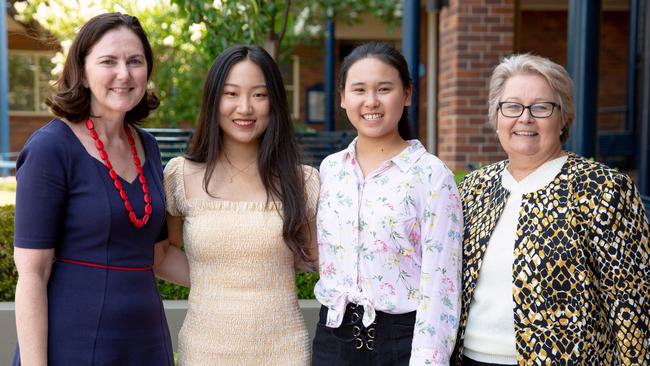 Xinyu Rain Wei and Jessica Wenjie Qiao, with Head of Teaching and Learning Christine Kenny and principal Dr Julie Greenhalgh.