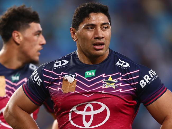 GOLD COAST, AUSTRALIA - JULY 30: Jason Taumalolo of the Cowboys looks on during the round 22 NRL match between Gold Coast Titans and North Queensland Cowboys at Cbus Super Stadium on July 30, 2023 in Gold Coast, Australia. (Photo by Chris Hyde/Getty Images)